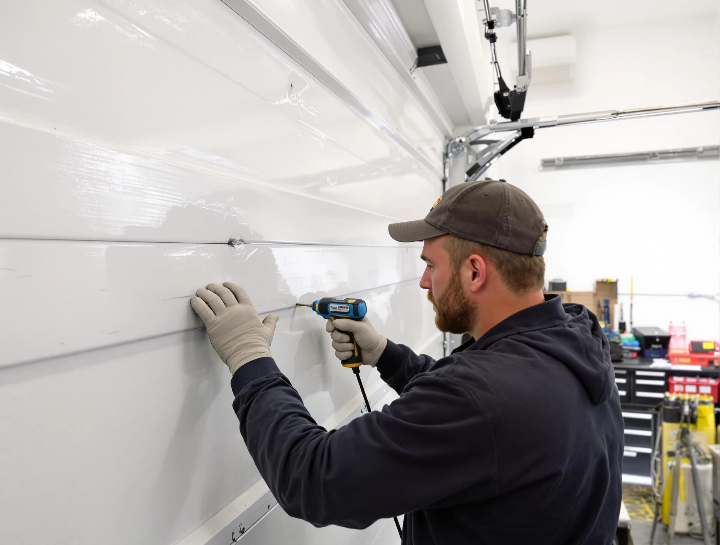 Highland Springs Garage Door Repair technician demonstrating precision dent removal techniques on a Highland Springs garage door